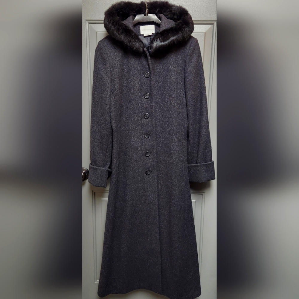 IEC Full Length Women Coat with Real Rabbit Fur Trimmed Hood Size 8